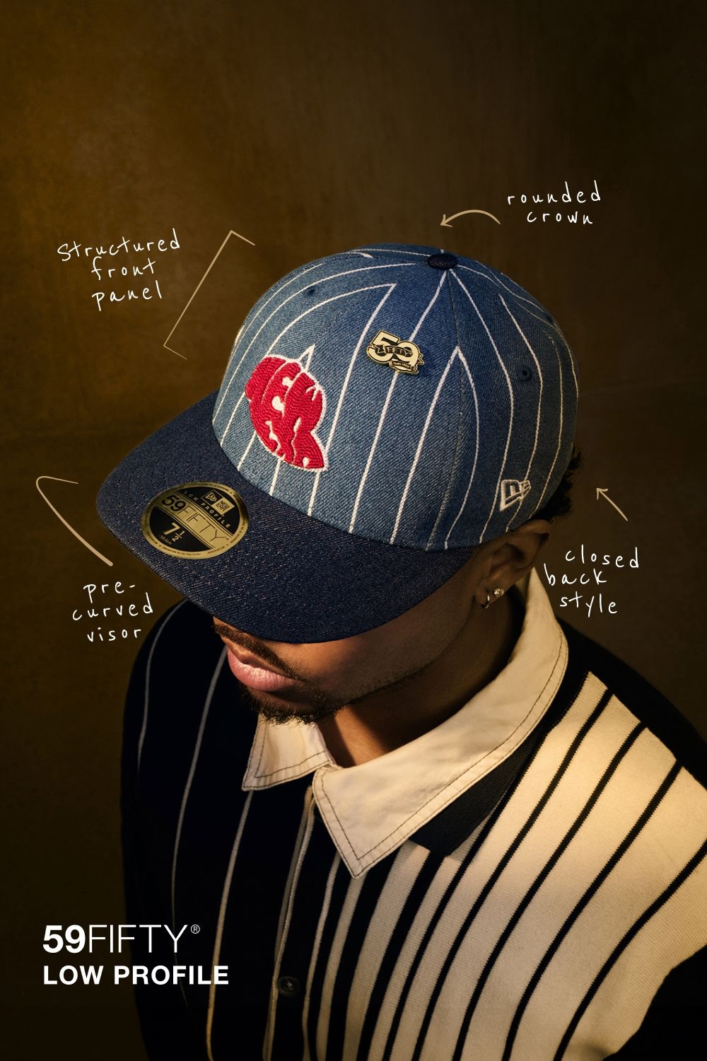 Annotated 59FIFTY — structured front panel, pre-curved visor, closed back