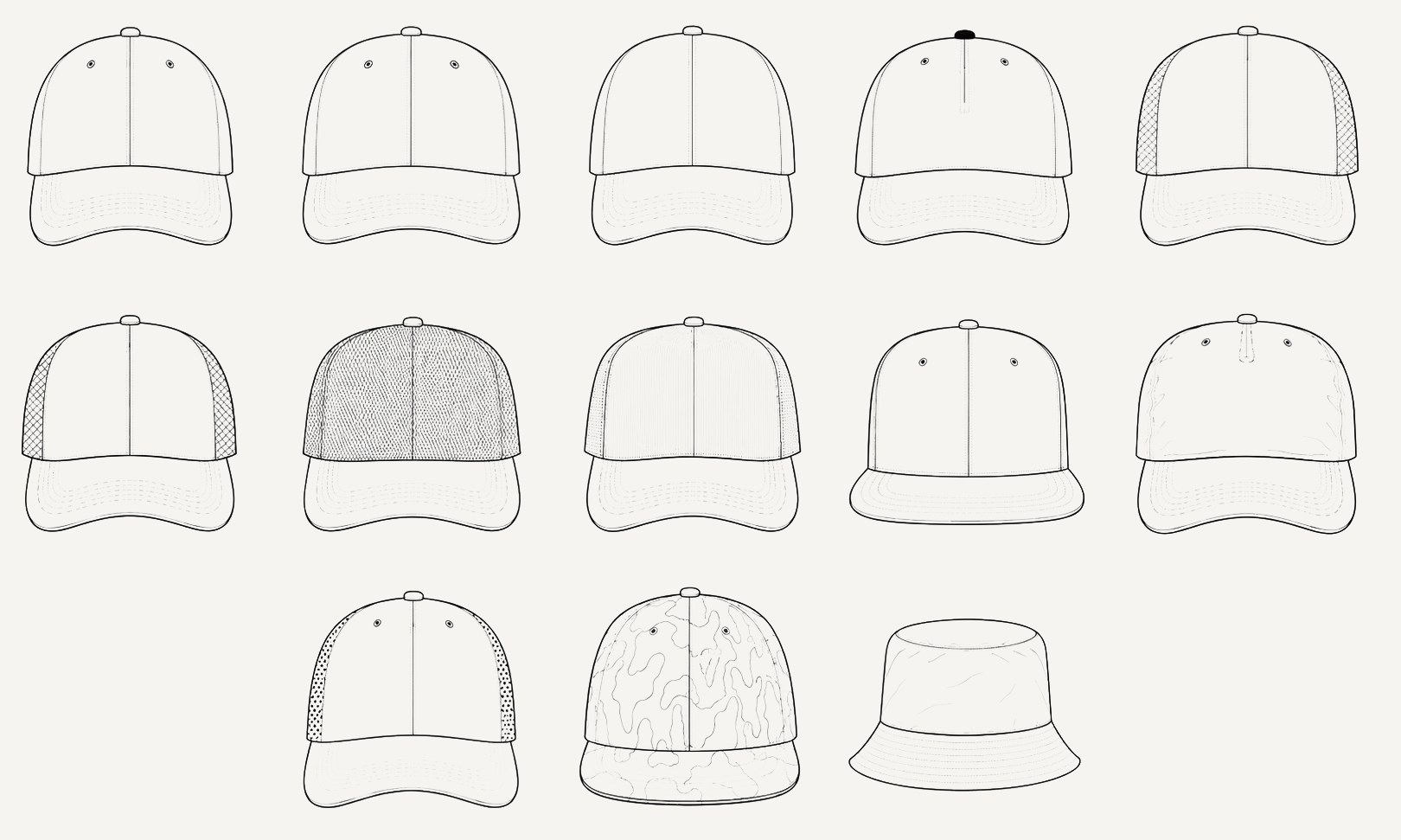 Eleven foundation cap silhouettes — CAD line drawings